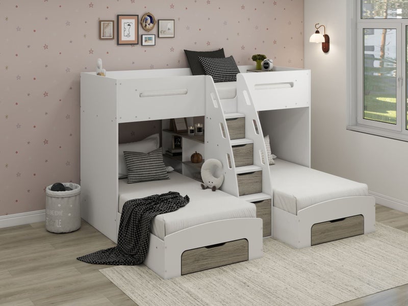 Phoenix - Triple Single Bunk - White/Grey, with Storage, Drawers & Shelving Carousel 1