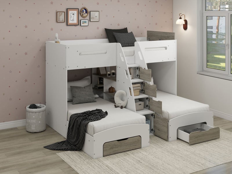 Phoenix - Triple Single Bunk - White/Grey, with Storage, Drawers & Shelving Carousel 2
