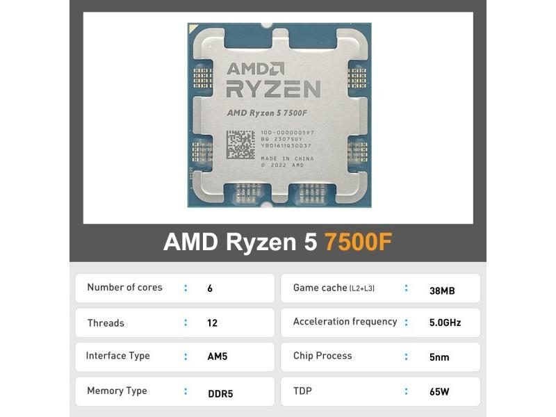 AMD Ryzen 5 7500F R5 7500F 3.7GHz 6-Core 12-Thread CPU Processor 5NM L3=32M Carousel 1