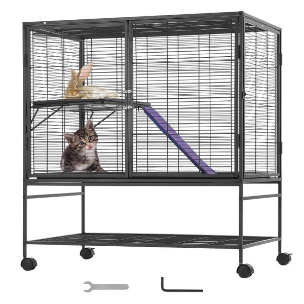39" Metal Small Animal Cage 2-Tier Rolling Ferret Cage with Tray A Ramp Carousel 1