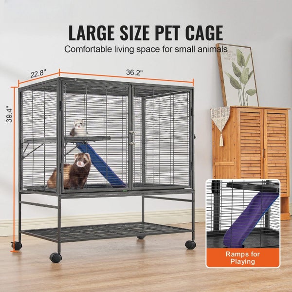 39" Metal Small Animal Cage 2-Tier Rolling Ferret Cage with Tray A Ramp Carousel 2