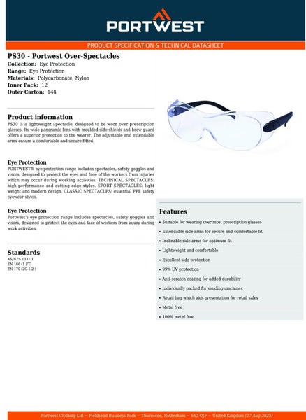 Portwest PS30 Over-Spectacles Lab Work Safety Goggles Glasses Clear Eye Prote... Carousel 2