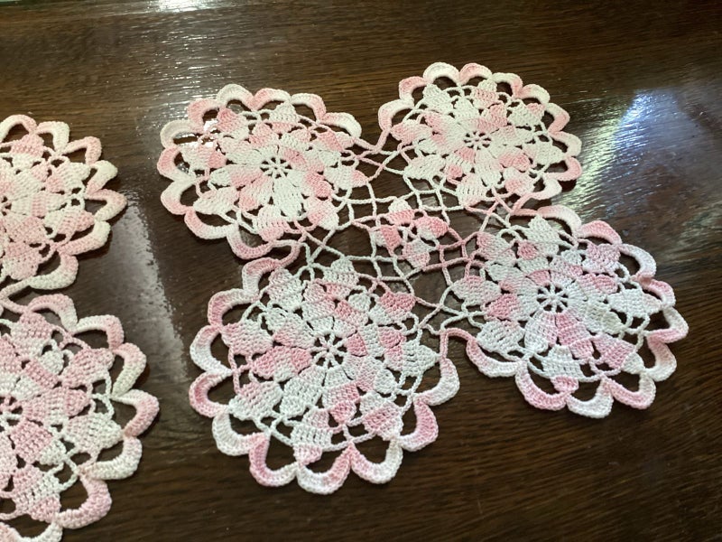 Vintage pink and white doily pair Carousel 2