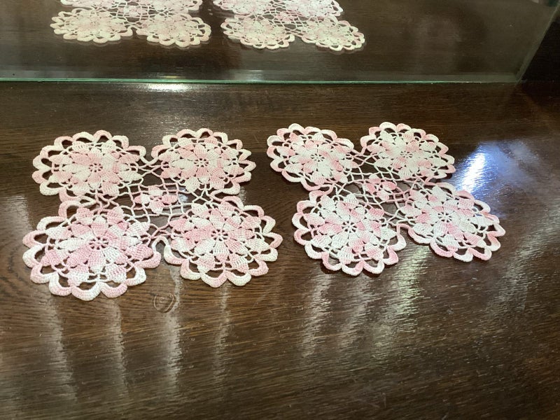 Vintage pink and white doily pair Carousel 1