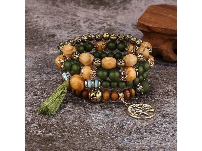 4Pcs Bohemia Tree Of Life Charm Beaded Bracelet Set For Women Tassel Multi Carousel 1