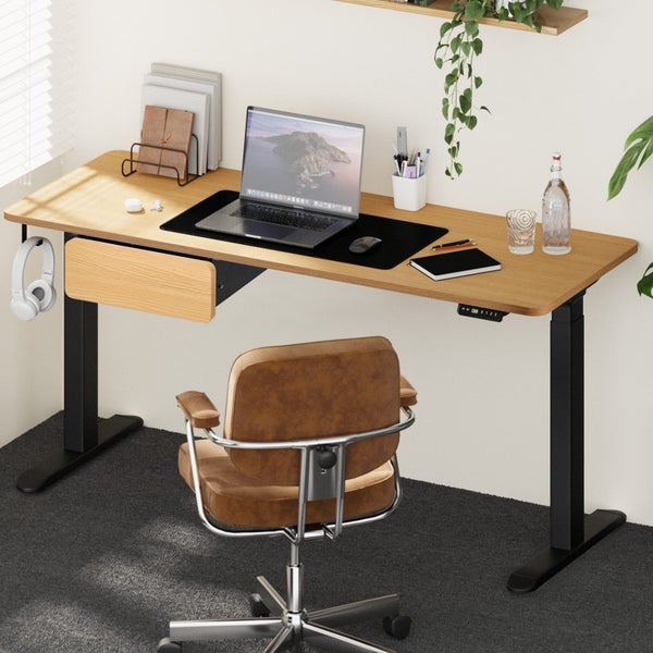 160Cm Electric Standing Desk Dual Motor Drawer Adjustable Oak Black Carousel 1