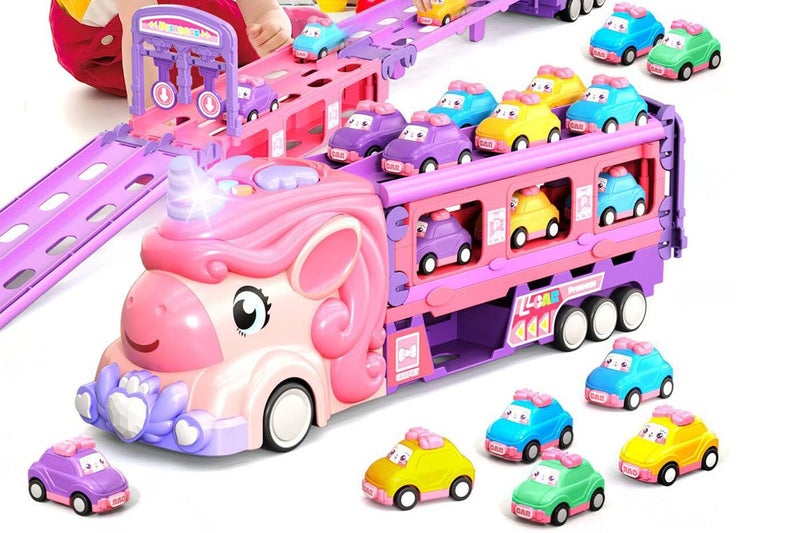 Car Toys Unicorn Toys Truck with Foldable Race Track and 6 Princess Cars Carousel 1