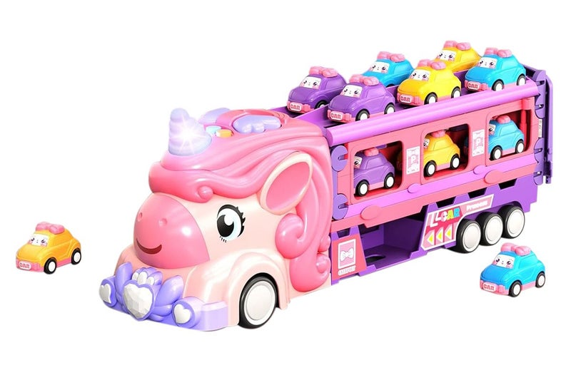 Car Toys Unicorn Toys Truck with Foldable Race Track and 6 Princess Cars Carousel 2