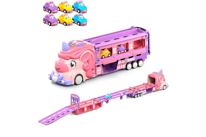 Car Toys Unicorn Toys Truck with Foldable Race Track and 6 Princess Cars Carousel 6