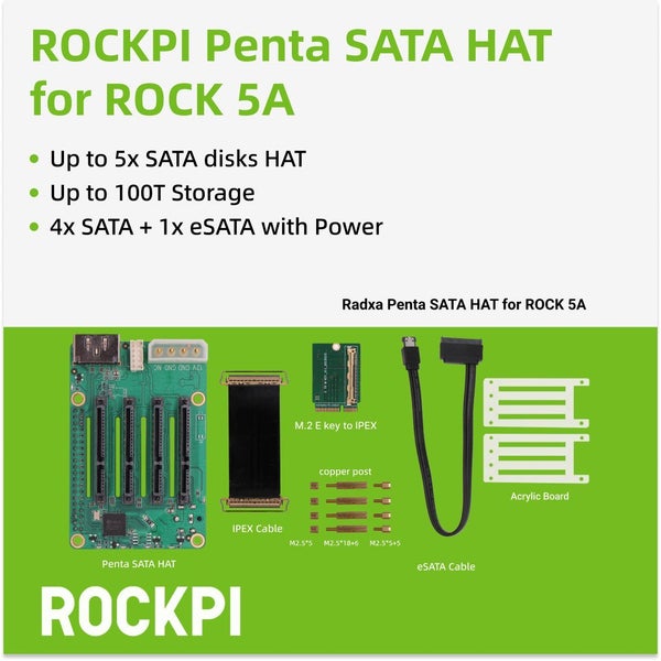 ROCKPI Penta SATA HAT - Up To 5x SATA Disks HAT For Raspberry Pi 5 And ROCK Pi Carousel 1