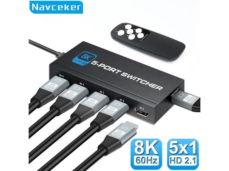 Navceker HDMI 2.1 Switcher 8K 60Hz 4K120Hz HDMI-compatible Switch 5 In 1 Out Carousel 1