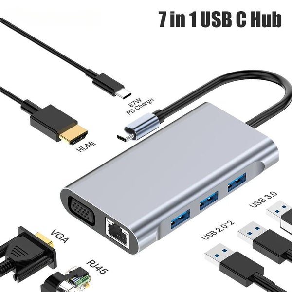 USB Hub 7 in 1 Type-C Adapter Giga Network USB 3.0 HDMI 87W PD Docking Station Carousel 1