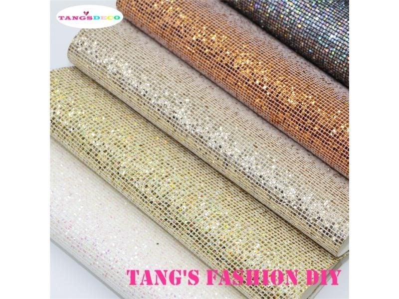 6PCS---20X22CM DIY Hair Bow Material Small Checked Glitter PU Synthetic Faux Carousel 1