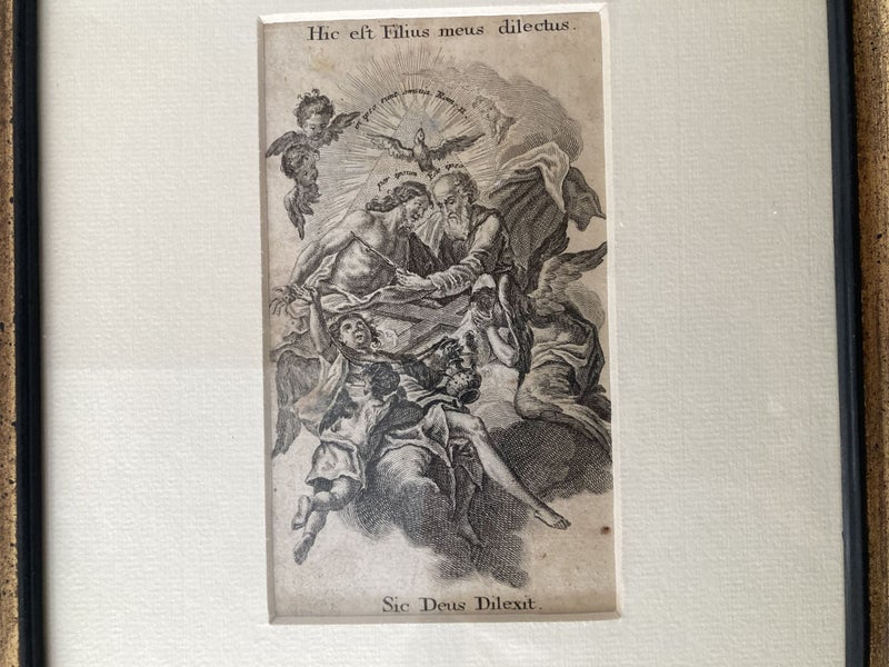 Antique framed engraving, "Hic est Filius meus dilectus, Sic deus dilectus" Carousel 2