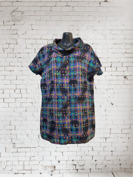 Vintage retro rainbow check tunic top silk blend cowl neck size 12 -1464366945149569110