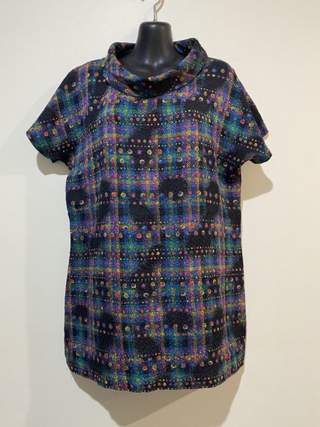 Vintage retro rainbow check tunic top silk blend cowl neck size 12 -1464366945149569111