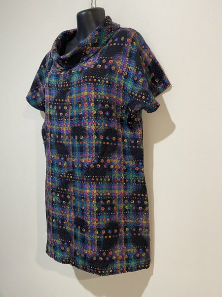 Vintage retro rainbow check tunic top silk blend cowl neck size 12 -1464366945149569112