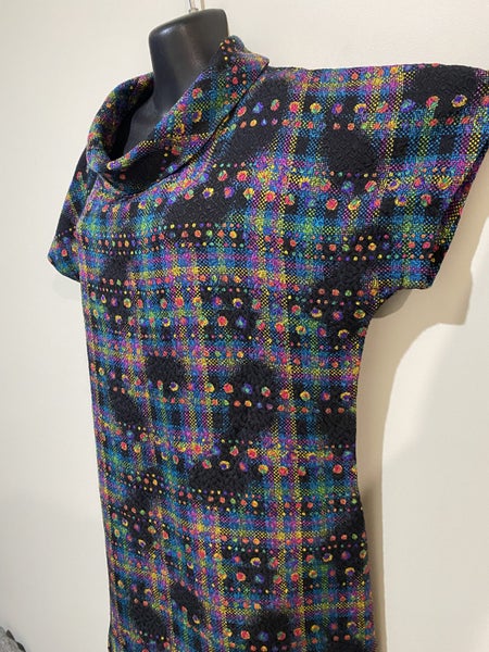 Vintage retro rainbow check tunic top silk blend cowl neck size 12 -1464366945149569113