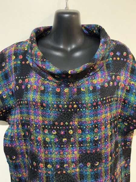 Vintage retro rainbow check tunic top silk blend cowl neck size 12 -1464366945149569114