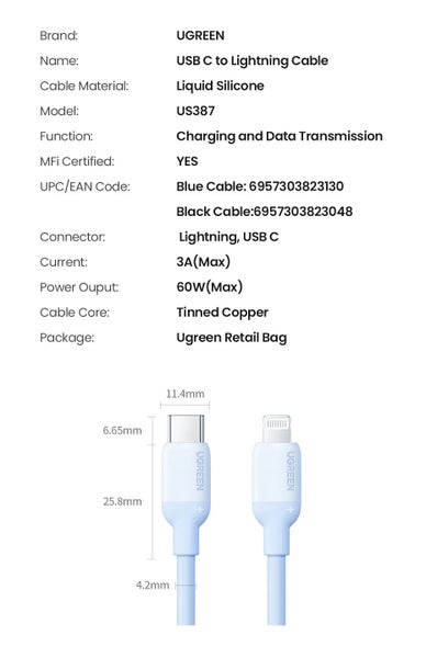 UGREEN 1m, USB-C to Lightning charging cable / Black / silky soft silicone cable Carousel 16