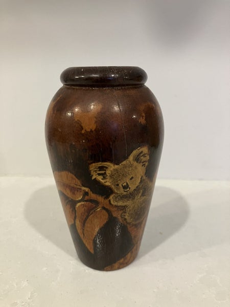 Small pokerwork vase with koala in gum tree - c.1920s - Australiana
