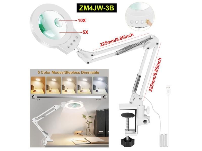 Long Swing Arms 5X/10X Magnifying Glass Lamp With 5 Color Adjust LED Lights Carousel 1