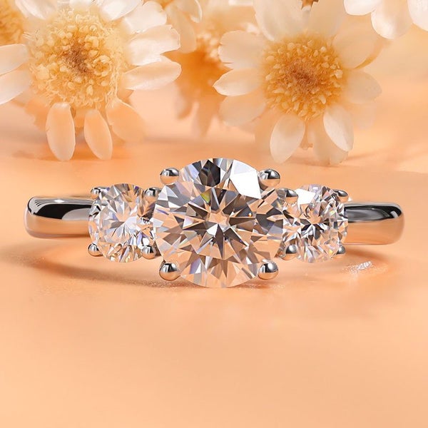 3 Stone All Moissanite Engagement Ring S925 Silver 18K White Gold Plated