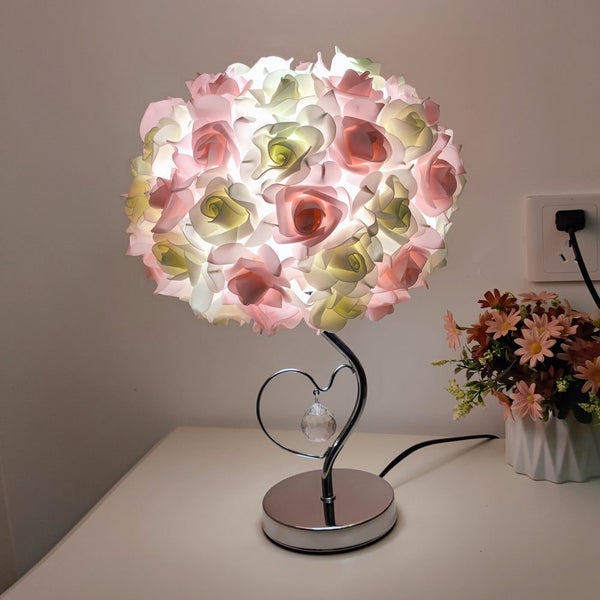 Elosung Pink Green Roses And Silver Base Romantic Red Flower Table Lamp - Crysta Carousel 1