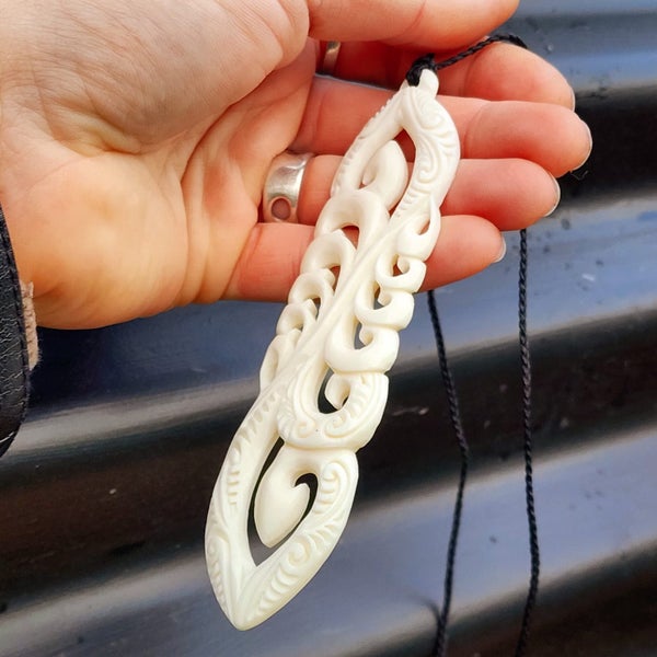 XL Natural Maori Bone Carving Pendant Necklace - Family of Korus Carousel 2