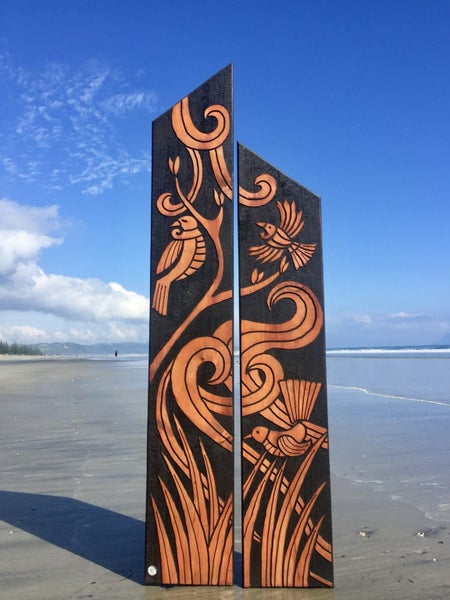 Tui and Flax Story Flute Pair - Garden Art by Pete Collins Carousel 3