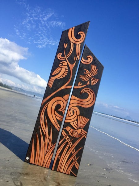 Tui and Flax Story Flute Pair - Garden Art by Pete Collins Carousel 2