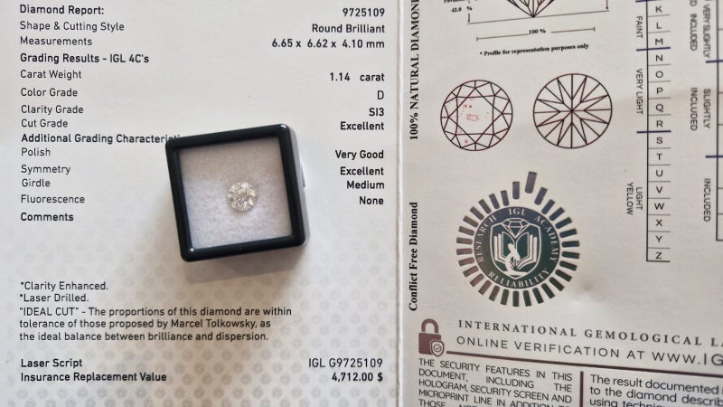 $1 RES * Valuation $7,998.00 * 1.14ct Round Large WHITE Diamond Loose IGL CERT Carousel 1