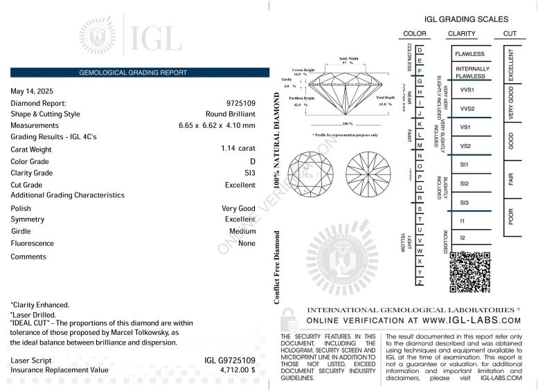 $1 RES * Valuation $7,998.00 * 1.14ct Round Large WHITE Diamond Loose IGL CERT Carousel 2