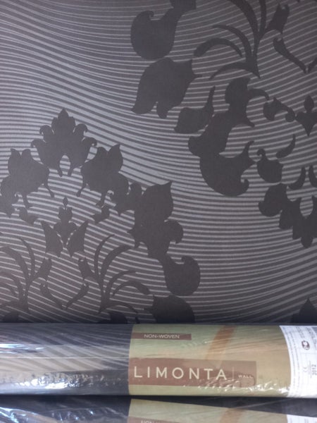 Wallpaper. Contemporary Damask - Black & Metallic Grey. #801 09 Carousel 2