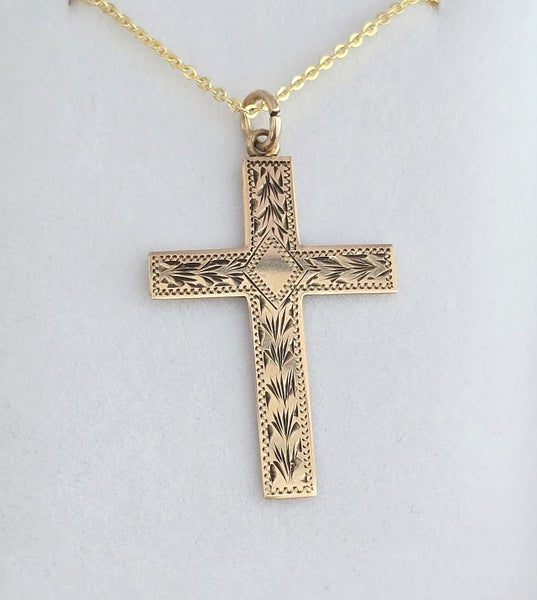 Edwardian 9ct rose gold engraved cross with chain64384292575234110