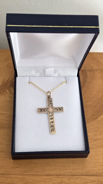 Edwardian 9ct rose gold engraved cross with chain64384292575234112