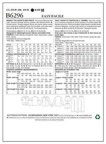 Butterick Pattern 6296 Misses' Top Shorts and Pants 6-8-10-12-14 Carousel 2