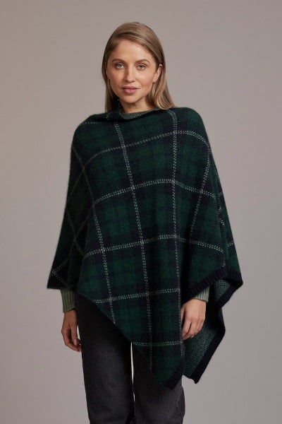 McDonald Possum Merino Womens Tartan Poncho -Jade Carousel 1