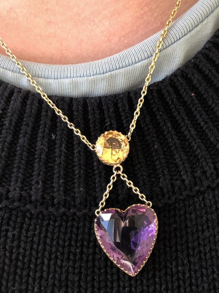 Antique 9CT Gold Amethyst Heart Necklace W/ Citrine Carousel 2