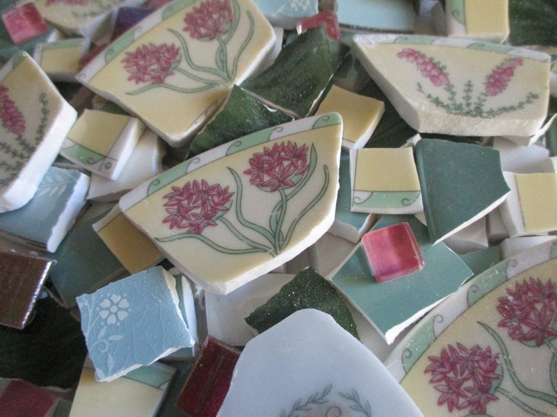 MOSAICS~ Modern Florals "Crimson & Aqua!"~ Hand Cut Porcelain & Tile Mix! Carousel 2