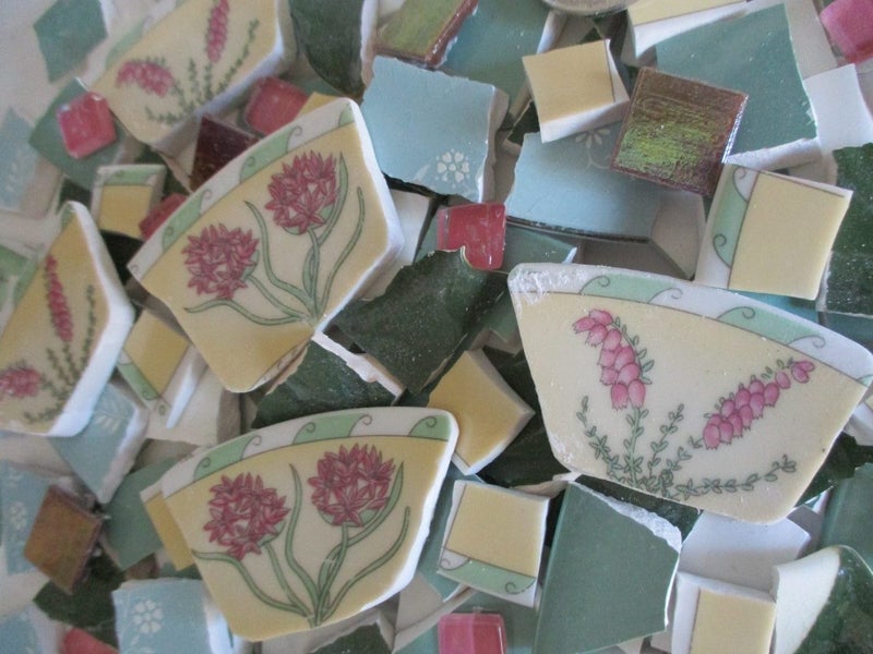 MOSAICS~ Modern Florals "Crimson & Aqua!"~ Hand Cut Porcelain & Tile Mix! Carousel 3