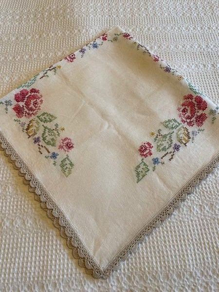 A lovely bright cross stitched linen Tablecloth with a hand embroidered edging Carousel 4