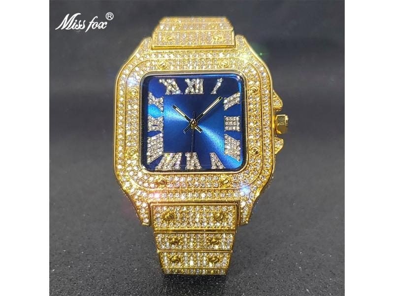 MISSFOX Square Watch Ice Out Diamond Hip Hop Sunburst Dial Waterproof Quartz Carousel 1