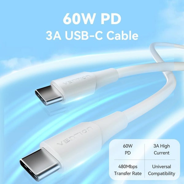 VENTION USB 2.0 Type C MALE TO Type C MALE 3A CABLE 1.5M for Apple Ipads, phones Carousel 1