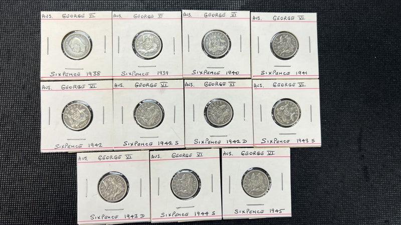 10 x Different Date Australian Sterling Silver Six Pence 1938-1945 - Lot E951 Carousel 1