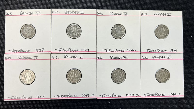 8 x Different Date Australian Sterling Silver Three Pences 1938-1944 - Lot E944 Carousel 1
