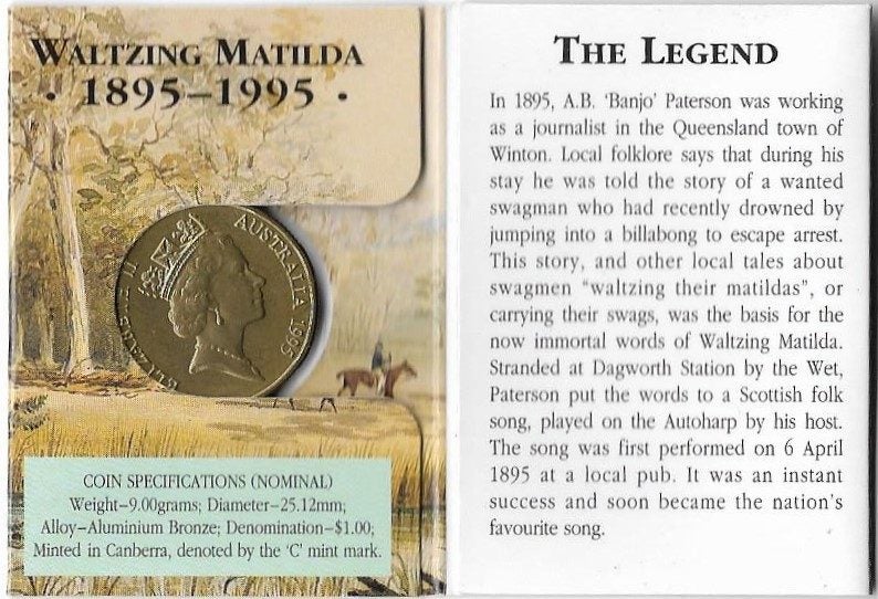 AUSTRALIA 1995 Waltzing Matilda (Swagman) $1 coin in folder (Melbourne) UNC Carousel 2