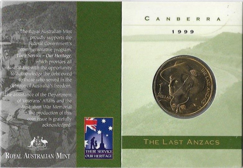 AUSTRALIA 1999 Last Anzacs $1 coin in folder (Canberra) UNC Carousel 1