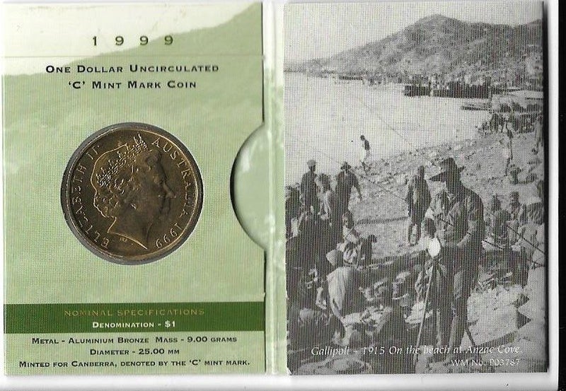 AUSTRALIA 1999 Last Anzacs $1 coin in folder (Melbourne) UNC Carousel 1