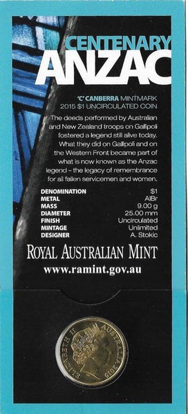 AUSTRALIA 2015 Anzac $1 coin in folder UNC Carousel 2